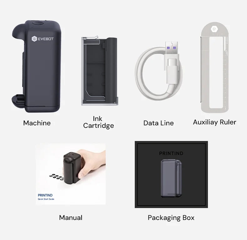Evebot PrintInd - Portable Handheld Inkjet Printer Gun with Quick-Drying Ink Cartridge Print on Any Surface