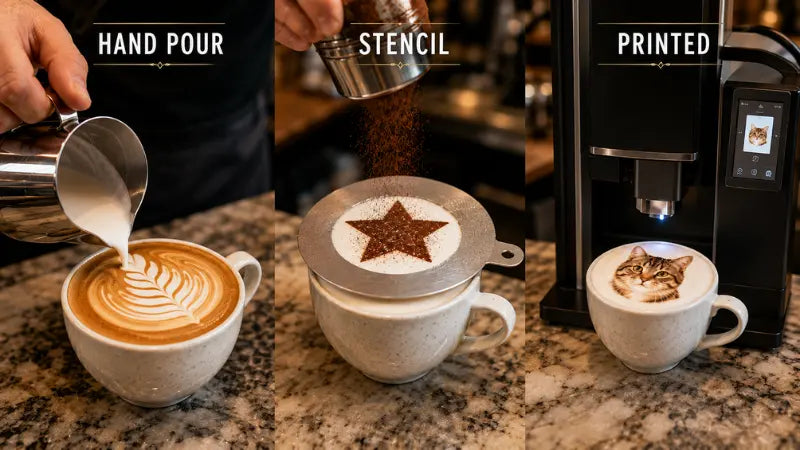 Latte art comparison: hand pour vs stencil vs coffee printer